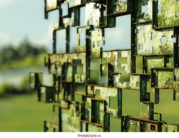 rusty metal wall sculpture with a blurred background of green grass and trees