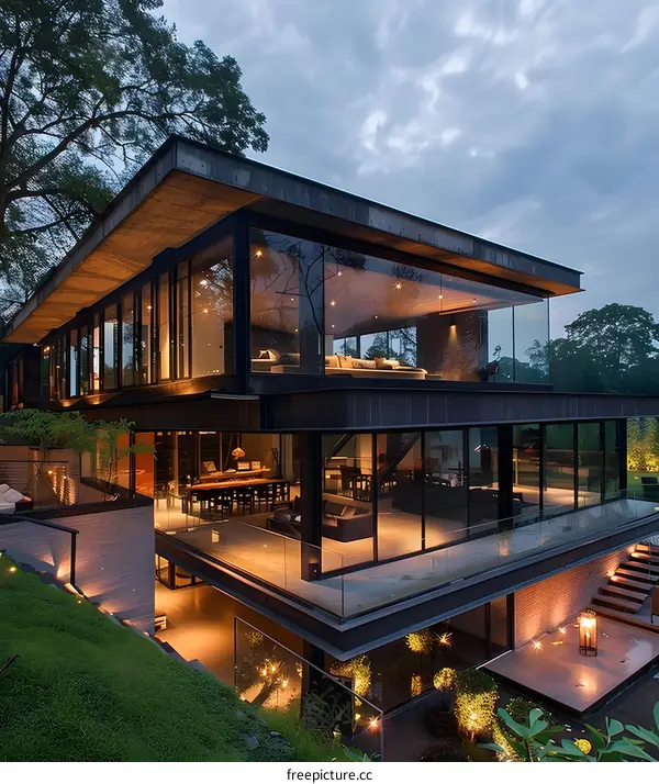 Modern Home with Large Glass Windows and a Terrace