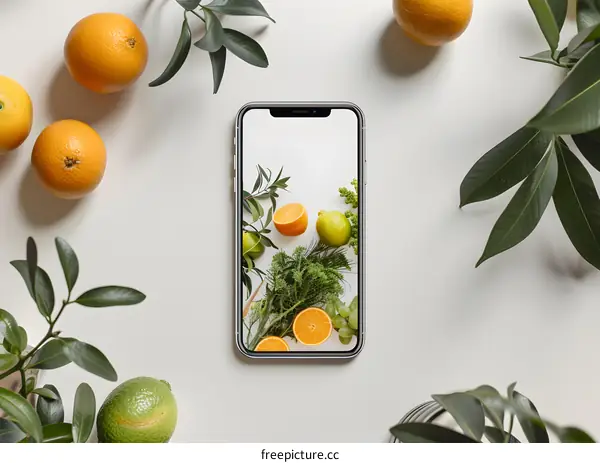 Flat Lay of Smartphone with Oranges and Greens on White Background