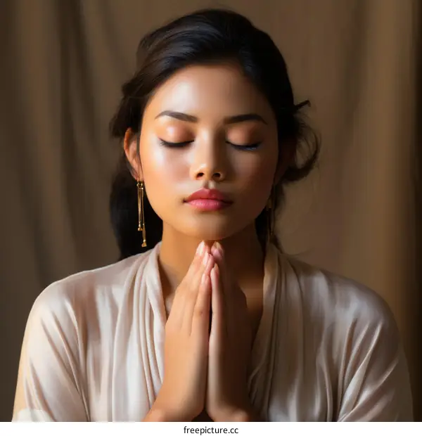 Portrait of a beautiful young woman with long dark hair wearing a cream-colored dress with her hands together in prayer.