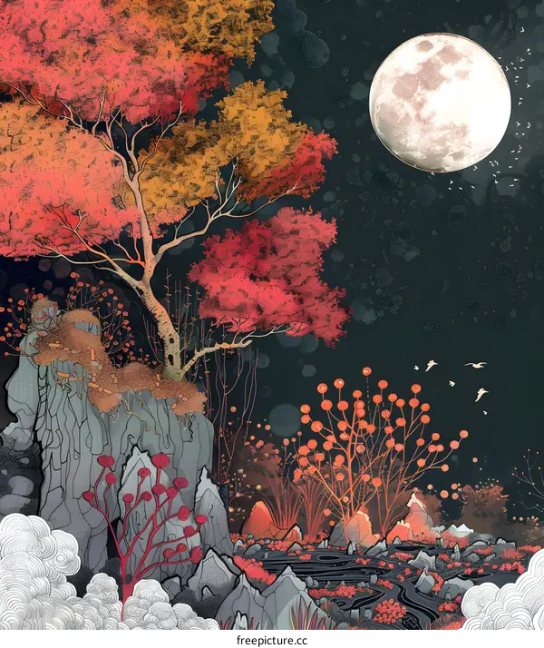 Fantasy Night Landscape with Full Moon and Red Trees