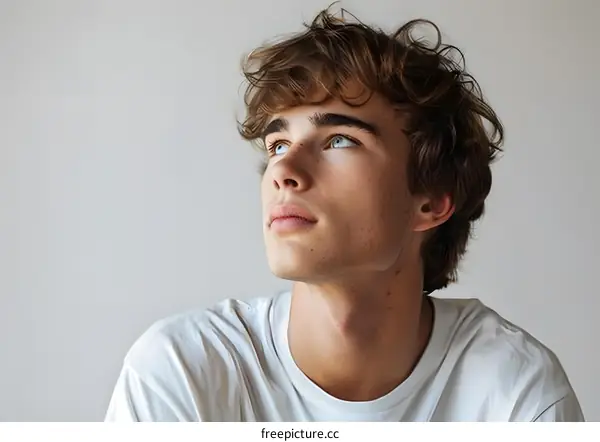 Portrait of a young male model with curly hair and blue eyes