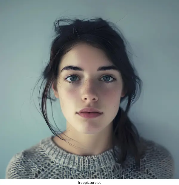 Portrait of a Young Woman with Freckles and Blue Eyes