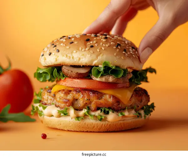 A hand holding a delicious burger with tomato, cheese, and mushrooms