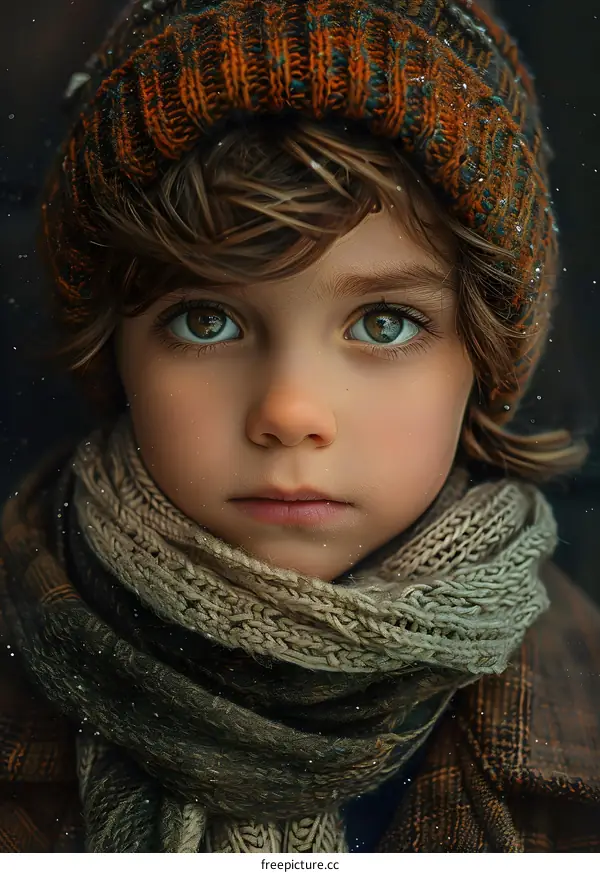 Close Up Portrait Of A Young Boy With Brown Hair Wearing A Knitted Hat And Scarf