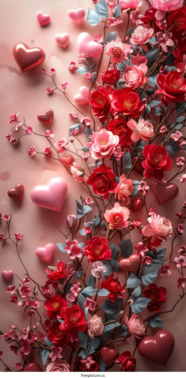 Pink and Red Roses with Hearts Background