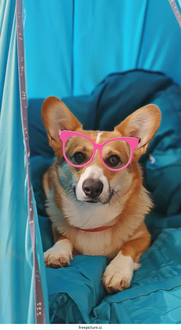 A cute dog wearing pink glasses is sitting in a blue hammock