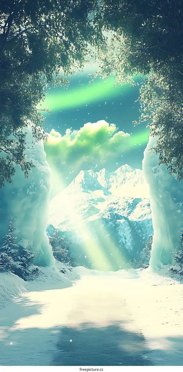 Snowy Mountains Landscape With Northern Lights