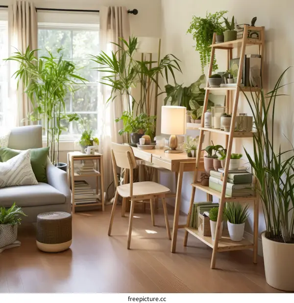 Indoor plants and a desk near a window