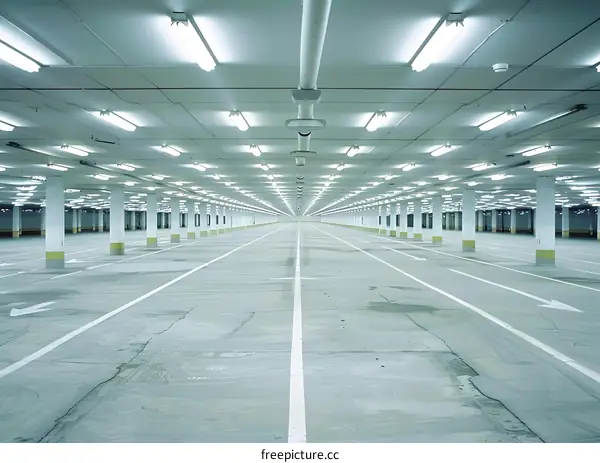 Empty Parking Garage with White Lines and Fluorescent Lights