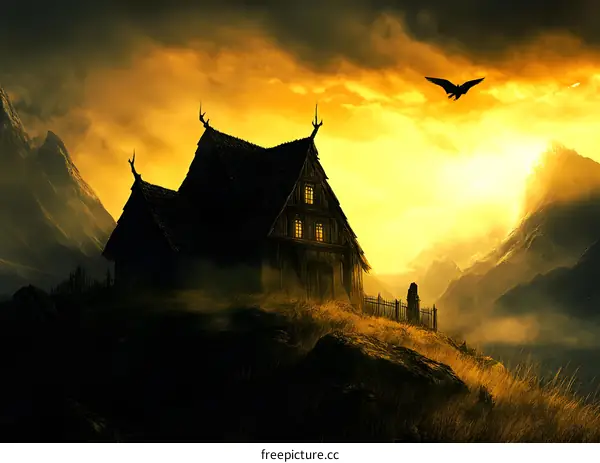 Dark Fantasy Cabin in Mountains at Sunset