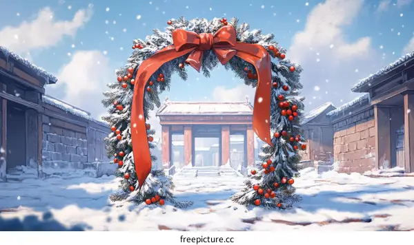Winter Christmas Wreath in Ancient Town Illustration