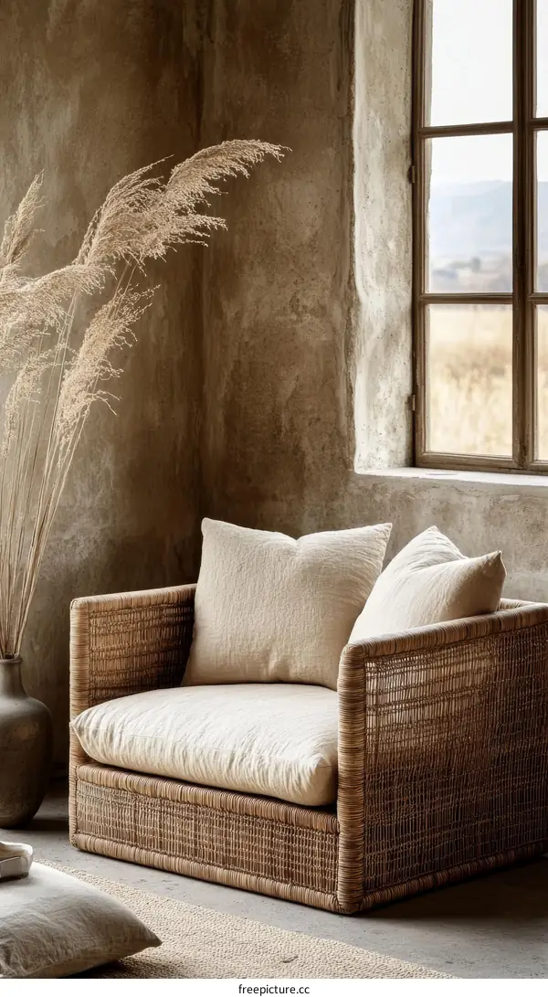 Beige Rattan Loveseat in a Rustic Interior