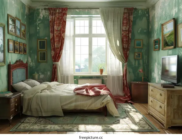 Vintage Bedroom Interior with Green Walls