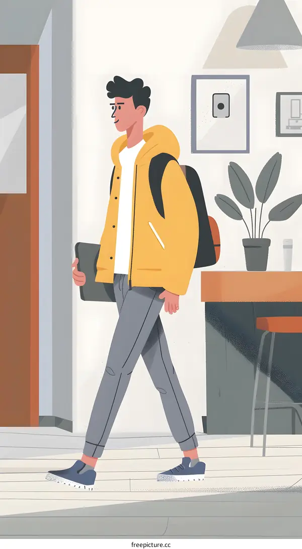 Young Man Walking with Backpack and Laptop in Office