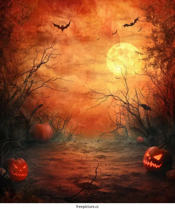 Spooky Halloween night background with pumpkins and a haunted forest