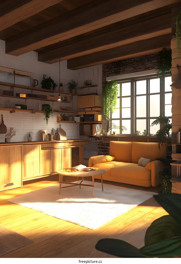 Modern Living Room Interior Design with Wooden Beams