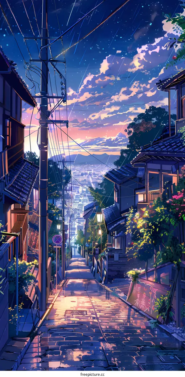 Anime Illustration of a Rainy Street in Japan