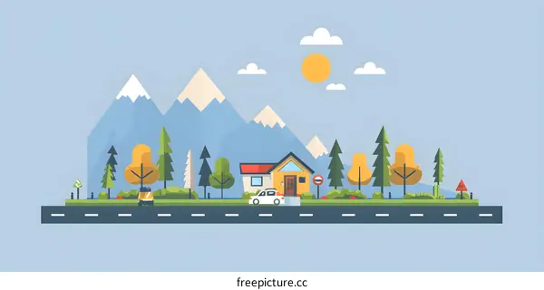 Flat Design Illustration of Countryside Landscape with Mountains, House, Trees and Road