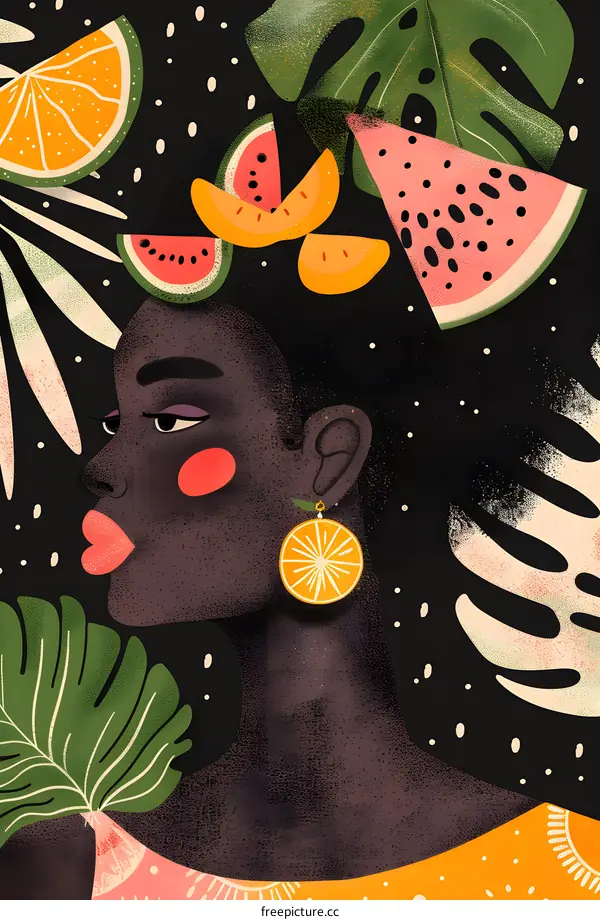 Tropical Fruit  Illustration With Black Woman