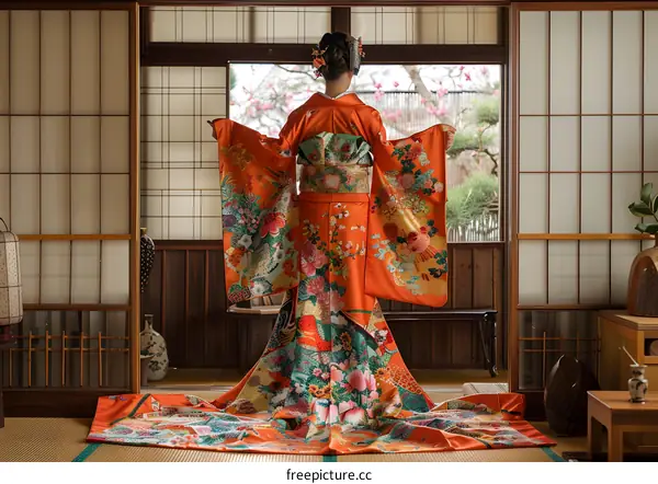 A woman wearing a kimono is standing in a traditional Japanese room.