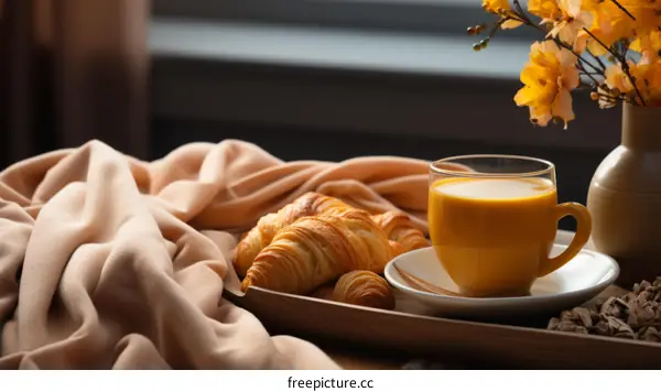 A cup of milk and croissants on a wooden tray