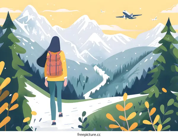 Woman with Backpack Hiking in Mountain Landscape