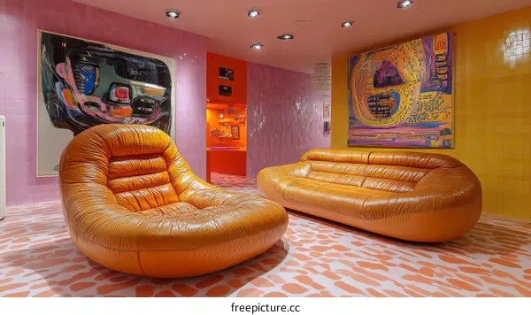 Retro Living Room with Orange Furniture and Abstract Art
