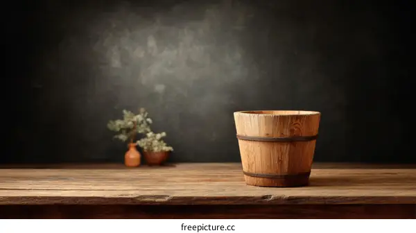 Wooden Bucket on Rustic Wooden Tabletop