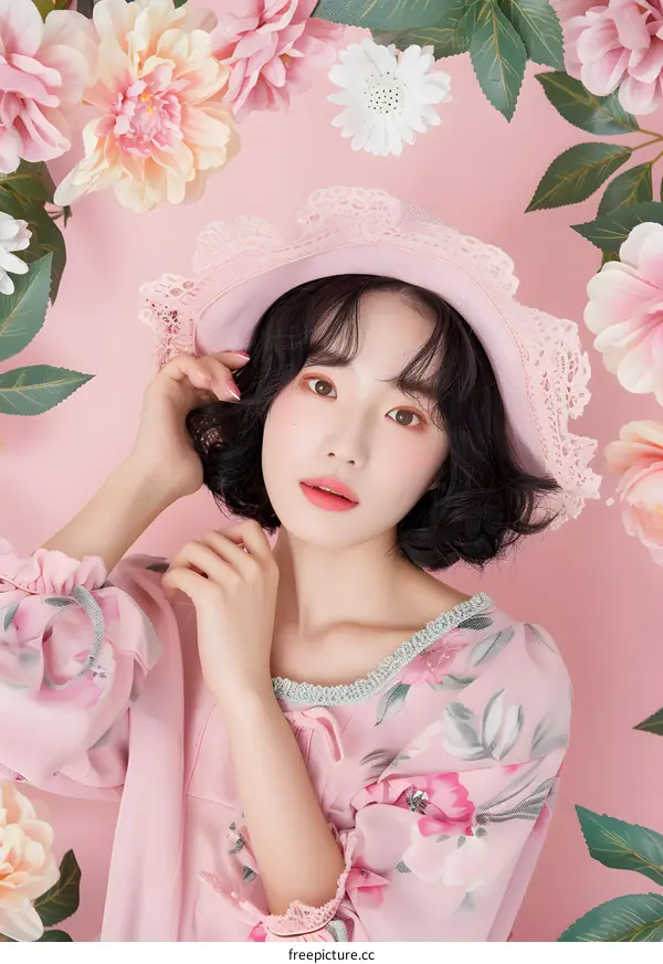 Pretty Girl In Pink Dress With Flower Background