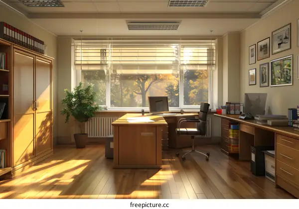 Office interior with large windows and wooden furniture