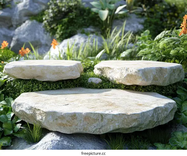 Natural Stone Display Platforms in Garden Setting