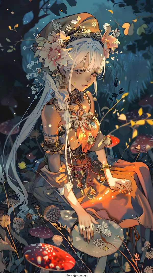 Fantasy Illustration of a White-Haired Woman in a Forest with Mushrooms