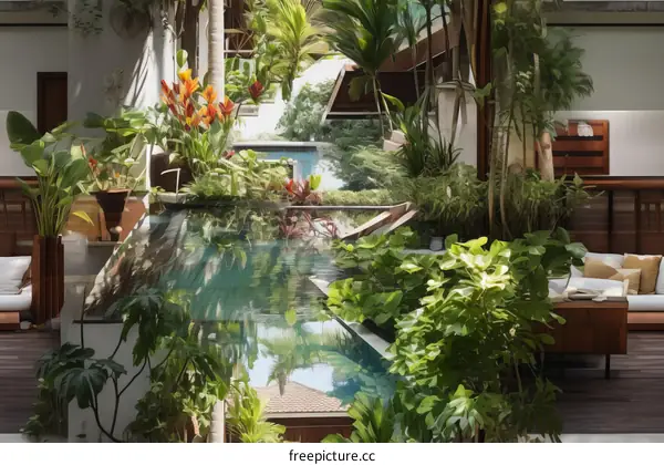 Indoor tropical atrium with swimming pool and lush greenery