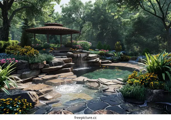Gazebo Overlooking Serene Waterfall Garden