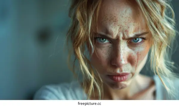 Close-up Portrait of a Caucasian Woman with Intense Expression