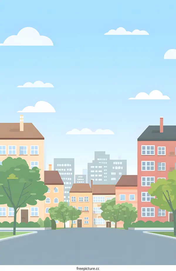 Cartoon Cityscape with Houses and Trees