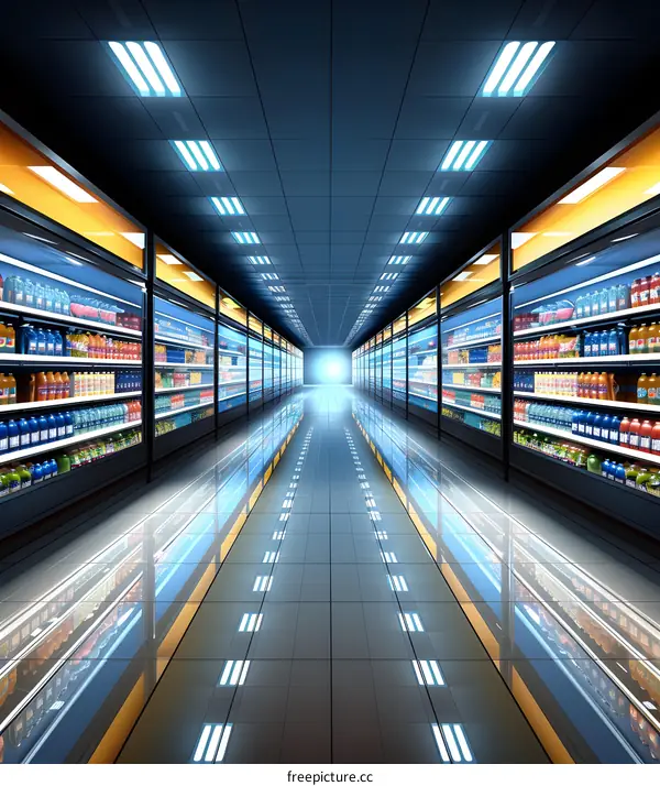 Supermarket Aisle with Bright Lights and Reflective Floor