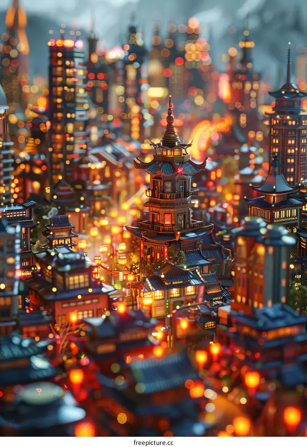 A Miniature Illuminated Asian Cityscape
