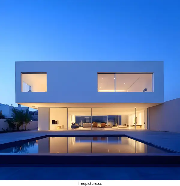 Modern White Minimalist House with Swimming Pool at Dusk