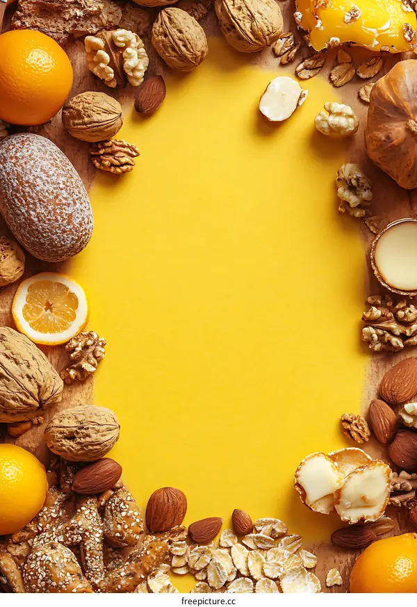 Healthy Food Background with Nuts, Fruits and Oatmeal