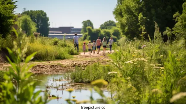 Family walking on a nature trail on a sunny day
