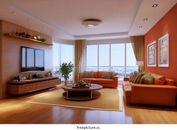 Modern Living Room Interior Design with Orange Sofa and City View