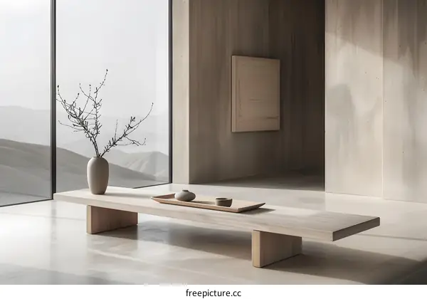 Minimalist Interior Design with Wooden Coffee Table and Vase