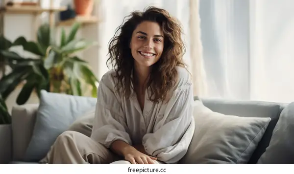 Portrait of a smiling young woman sitting on a couch
