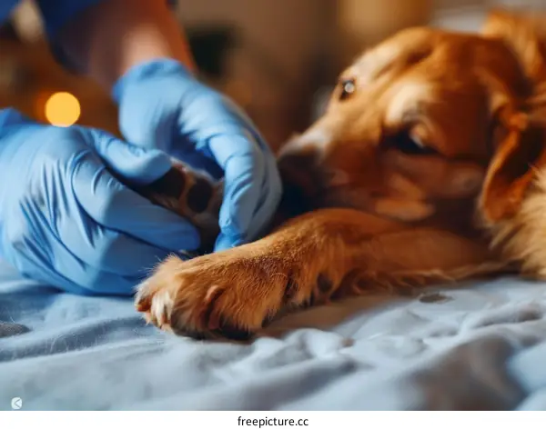 Close-up: Veterinarian Examines Dog's Paw