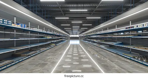 Empty Supermarket Shelves with Bright Fluorescent Lighting