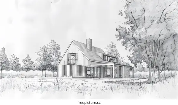 Hand Drawn Pencil Sketch of a Modern House with a Large Window and a Roof