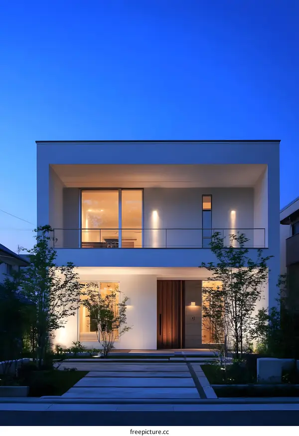 Modern Two Story House with Balcony and Front Yard at Dusk