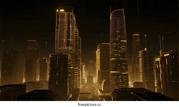 Modern Cityscape with Illuminated Skyscrapers at Night